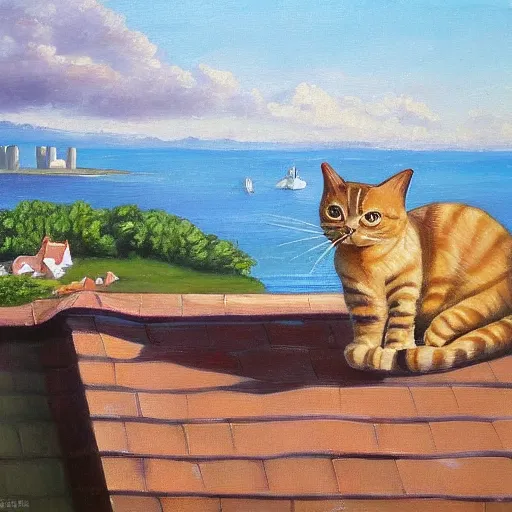Prompt: the cat is sitting on the roof and looking at the bay and the fortress, oil painting