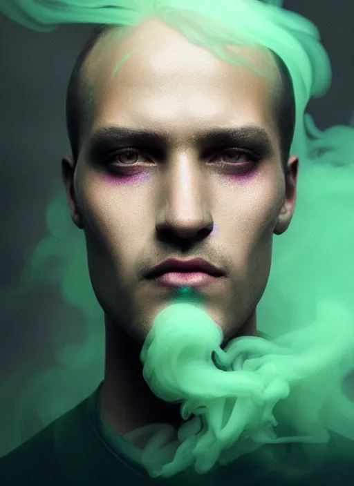 Image similar to an ethereal, misty portrait of a man whose face is accented with neon - toned glowing eyeliner. the makeup floats off his face and joins swirling clouds of smoke and fog, becoming an aurora. muted tones. surreal portrait, cinematic lighting, 8 k, smooth, sharp focus, digital painting, rendered in octane, painted by tom bagshaw, artgerm