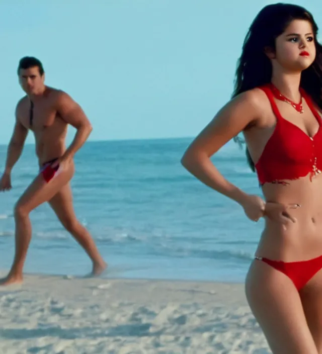 Image similar to selena gomez in the baywatch, movie still frame, hd, remastered, film grain, cinematic lighting