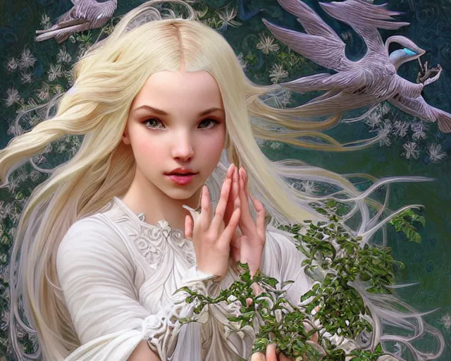 Prompt: white mage with blonde braided hair dove cameron wearing ethereal ivory carved bone armor running, green plants, intricate, elegant, highly detailed, digital painting, artstaion, concept art, smooth, sharp, focus, illustration, art by artgerm and alphonse mucha