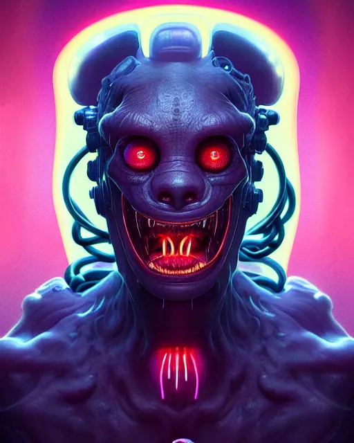 Image similar to portrait of a cute monster, male, bioluminescent, wires, horror, happy, highly detailed, digital painting, cinematic, hyperrealism, dark retrowave, art by stanley lau and artgerm and magali villeneuve and alphonse mucha, artstation, octane render, cgsociety