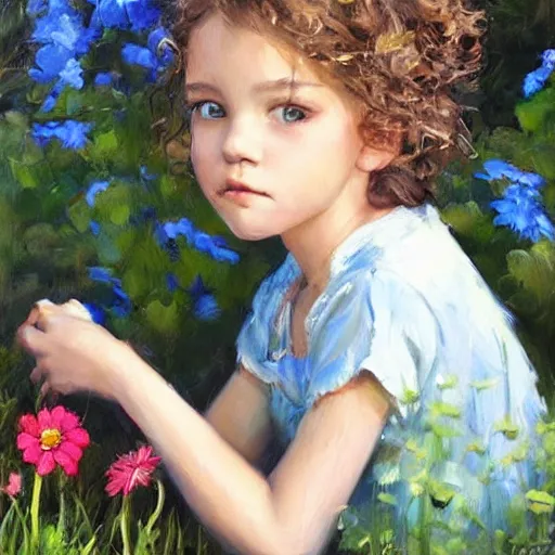 Image similar to a little girl with short curly light brown hair and blue eyes sitting in a lovely garden. beautiful painting by raymond swanland and magali villanueve, beautiful detailed face.