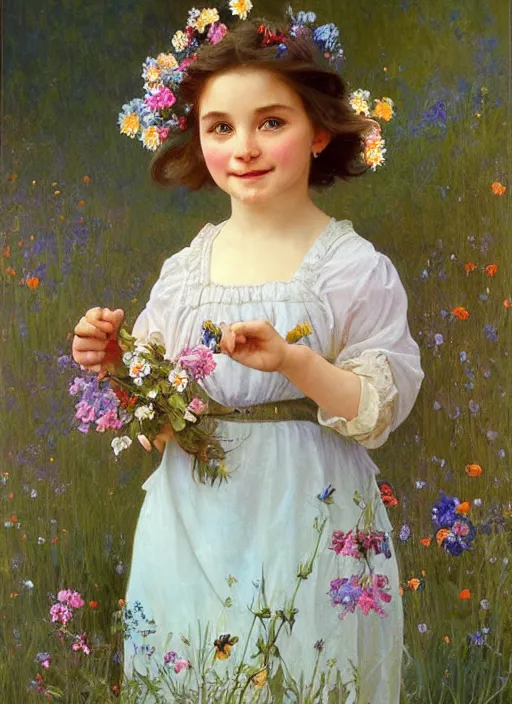 Image similar to a cute little girl with a round cherubic face, blue eyes, and short wavy light brown hair smiles as she stands in a field of colorful wildflowers. she is wearing a turquoise dress and holding a bouquet of wildflowers. beautiful painting by artgerm and greg rutkowski and alphonse mucha
