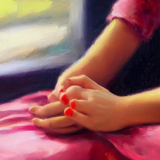 Image similar to super close - up of a beautiful woman's hand, morning, highly detailed, ultrarealistic oil painting, vladimir volegov, artstation