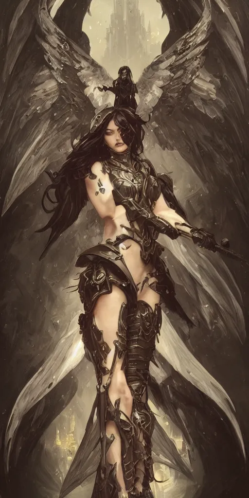 Prompt: Gothic girl angel with Warhammer 40000 armor, dark fantasy, intricate, elegant, highly detailed, digital painting, artstation, concept art, character design, smooth, sharp focus, illustration, art by artgerm and greg rutkowski and alphonse mucha