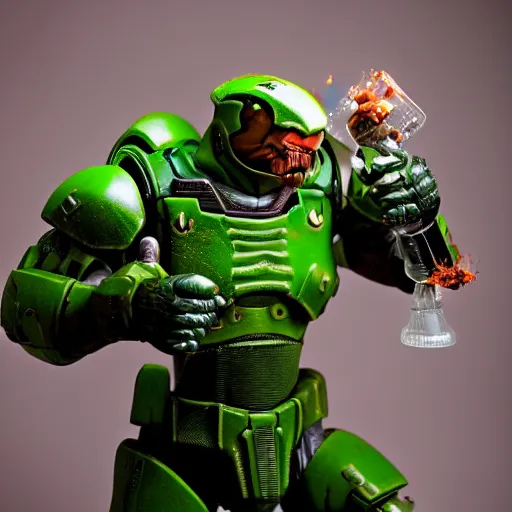 Prompt: doomguy from the videogame doom, green armor, trying to open a soda bottle, photographic, studio session