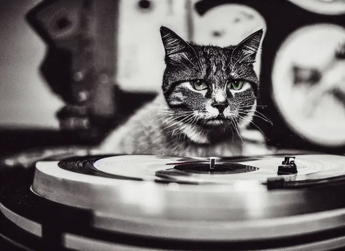 Image similar to photography of a Cat sitting on a record player. in a room full of vinyls and posters out of the 70's, photorealistic, raining award winning photo, 100mm, sharp, high res
