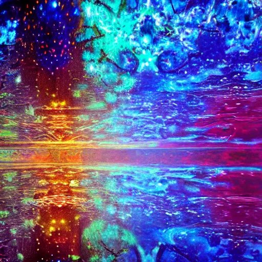 Image similar to Beautiful impressionistic painting, of fractal cosmic lights, water reflection, intricate details, high quality, 8k, wide lens atmospheric photo, color grading !dream