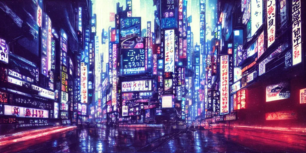 Prompt: autochrome of Neo-Tokyo 20XX winter landscape, sharp focus, cyberpunk city in winter, artwork scan, masterpiece, high quality