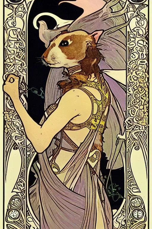 Image similar to Tarot card illustration of The Stoat, illustration by Alphonse Mucha, art nouveau style, elaborate details, 4k