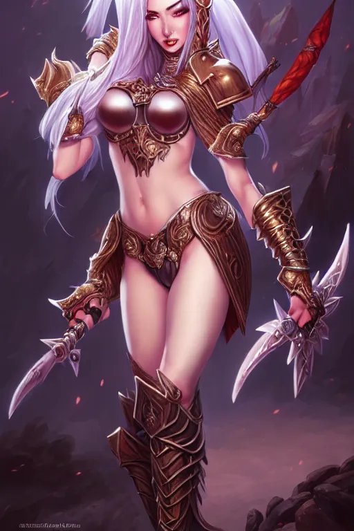 Image similar to sakimi chan, detailed face, standing, scandelous fantasy armor, tony sart, in combat