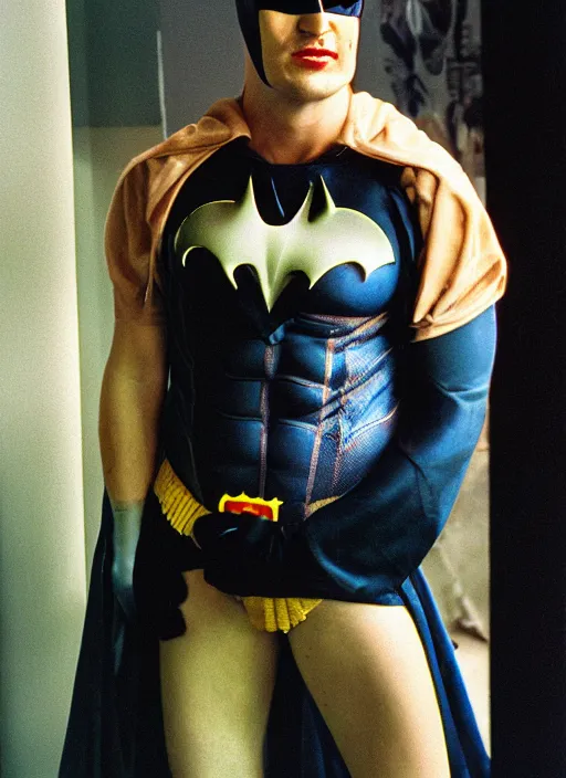 Prompt: a fashion portrait photograph by david lachapelle of a man in a batman costume, cosplay, 3 5 mm, color film camera, pentax