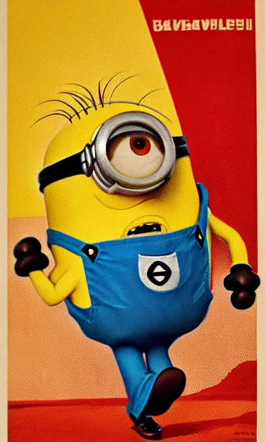 Image similar to Minion on old Soviet poster, high quality, warm colours, red colours