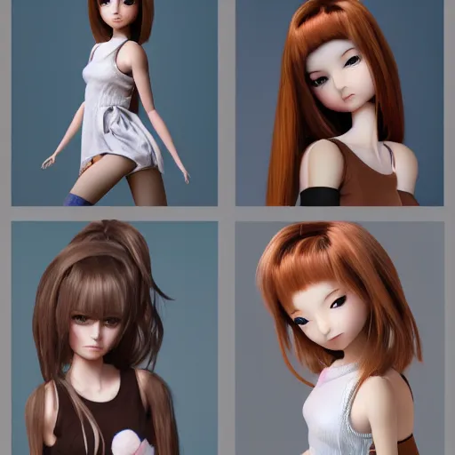 Image similar to female doll figurines, teenagers, full body, realistic portrait, anime style, disney, octane render 8 k, unreal engine, hd