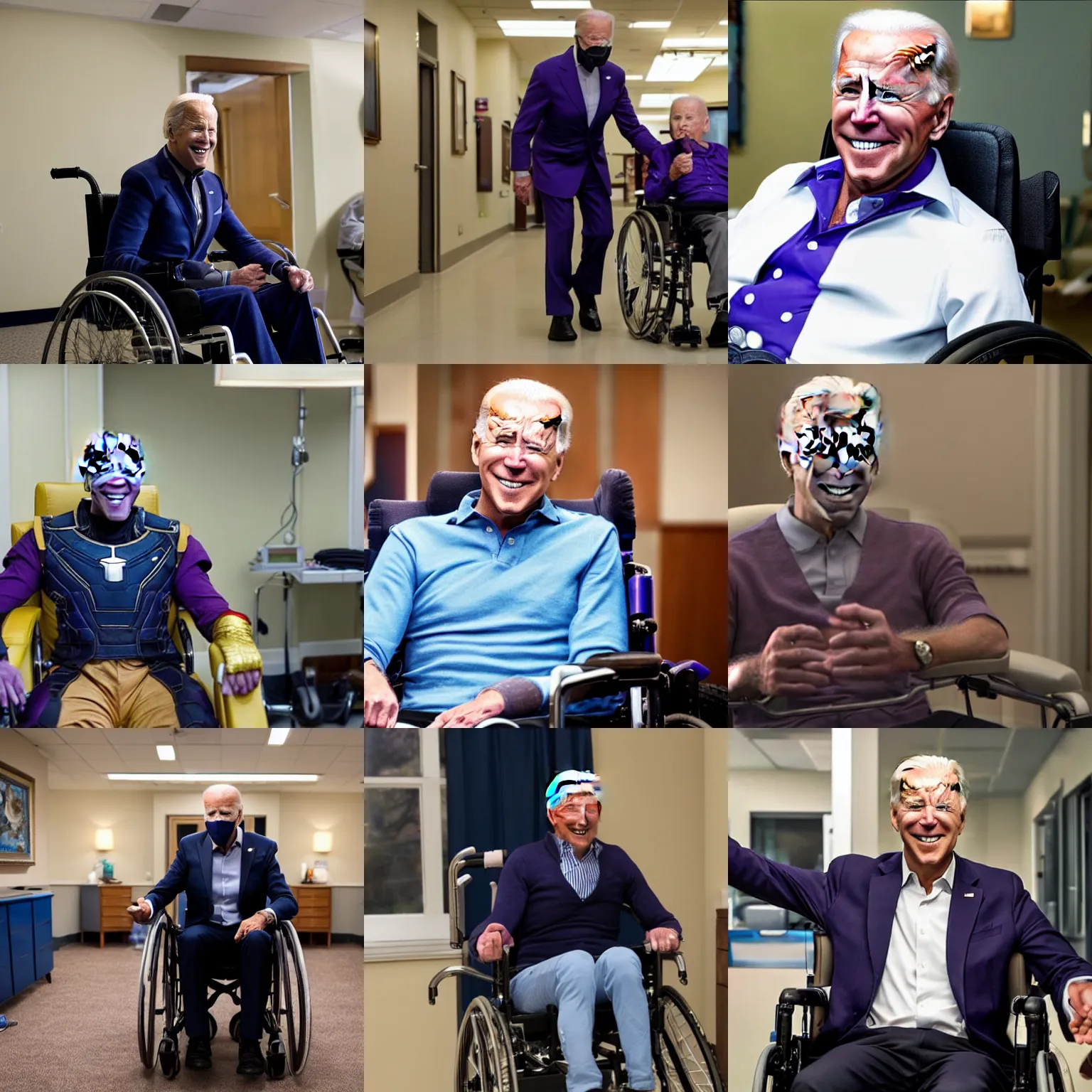 Prompt: Joe Biden as Thanos in The Avengers movie, but in a nursing home in a wheelchair, 8k