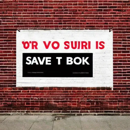 Prompt: huge poster “Save Us From Scissors”, on a brick wall