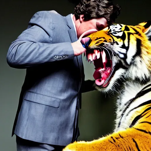 Image similar to a high quality photograph of Tucker Carlson being attacked by a sabertooh tiger, teeth ripping his flesh, he is screaming in agony on the set of Tucker Carlson tonight live on Fox News