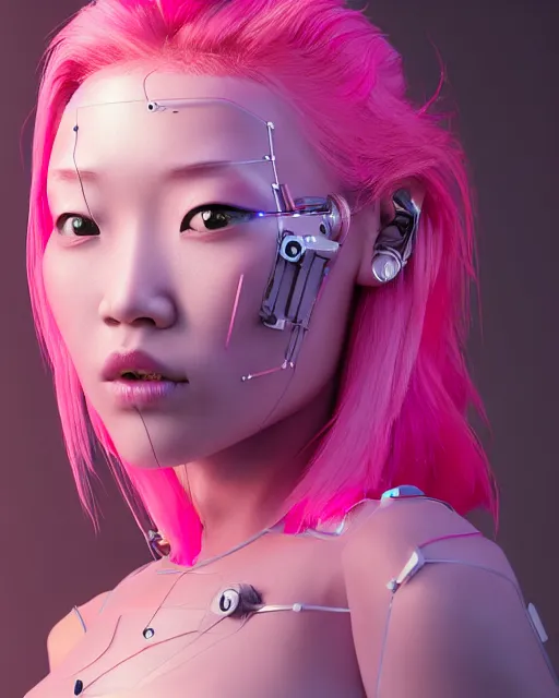 Image similar to portrait of a beautiful asian woman with pink hair as a cyberpunk cyborg half robot, skin open to reveal wires and electronics, sci - fi, missing panels, intricate abstract upper body intricate artwork, concept art, octane render, deviantart, cinematic, key art, hyperrealism, iridescent accents, portrait photograph, nikon 3 5 mm, photograph by greg rutkowski