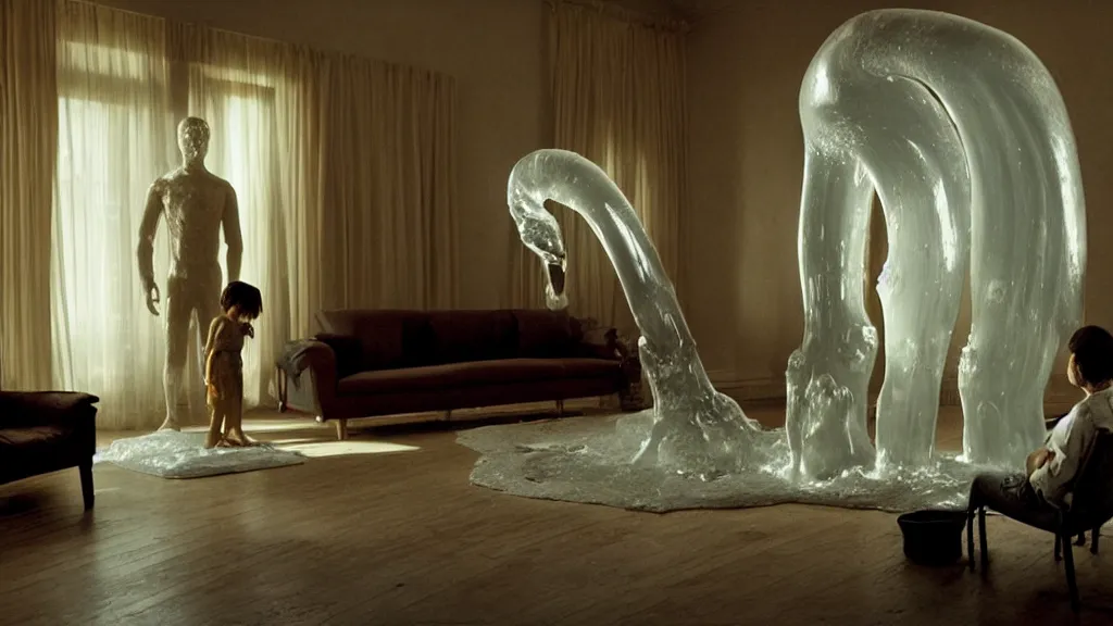 Image similar to a giant hand made of wax and water floats through the living room, film still from the movie directed by Denis Villeneuve with art direction by Salvador Dalí, wide lens