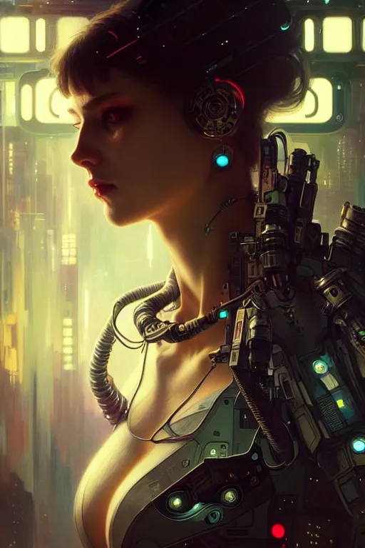 Image similar to ultra realistic, beautiful female with cyborg part like in bladerunner smoking in a crowded smoky cyberpunk club in space megalopolis, sci-fi, intricate details, eerie, highly detailed, octane render, 8k, art by artgerm and alphonse mucha and greg rutkowski