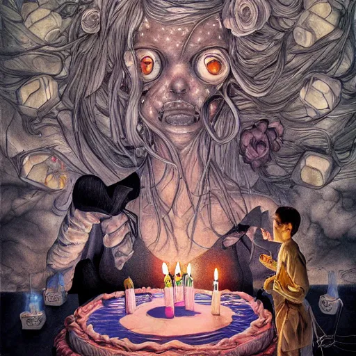 Image similar to epic view of a giant birthday cake with lit candles by junji ito and james jean and esao andrews, cake, candles, 4 k, hyperdetailed, hyperrealistic, trending on artstation, pencil art on paper, horror, dramatic lighting