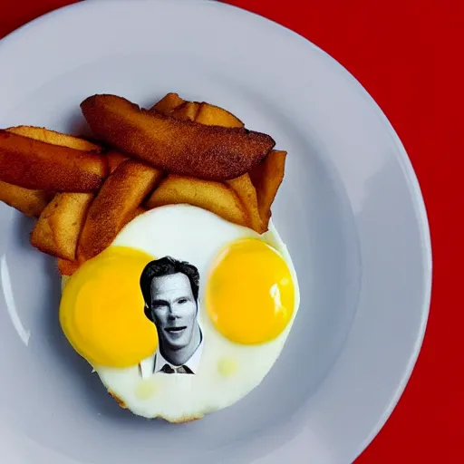 Prompt: eggs benedict cumberbatch, benedict cumberbatch's face on a fried egg