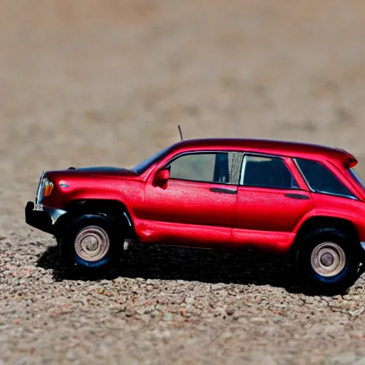 Prompt: 3 5 mm photo of metallic red aztek car like hot wheels model in area 5 1 as background