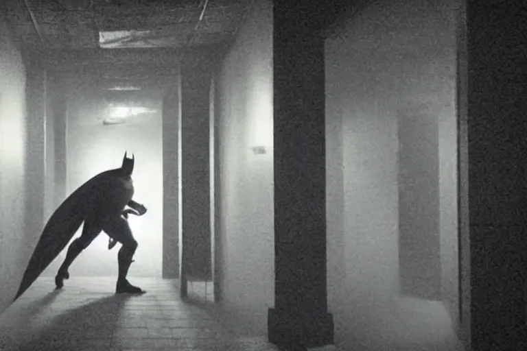 Image similar to batman wielding axe, chasing man through hallway, atmospheric eerie lighting, bodycam footage, photograph