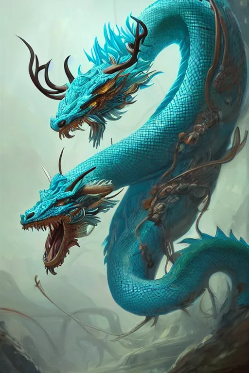 Prompt: cyan chinese dragon - snake - deer hybrid fantasy, intricate, elegant, highly detailed, digital painting, artstation, concept art, matte, sharp focus, illustration by peter mohrbacher justin gerard zhang yu