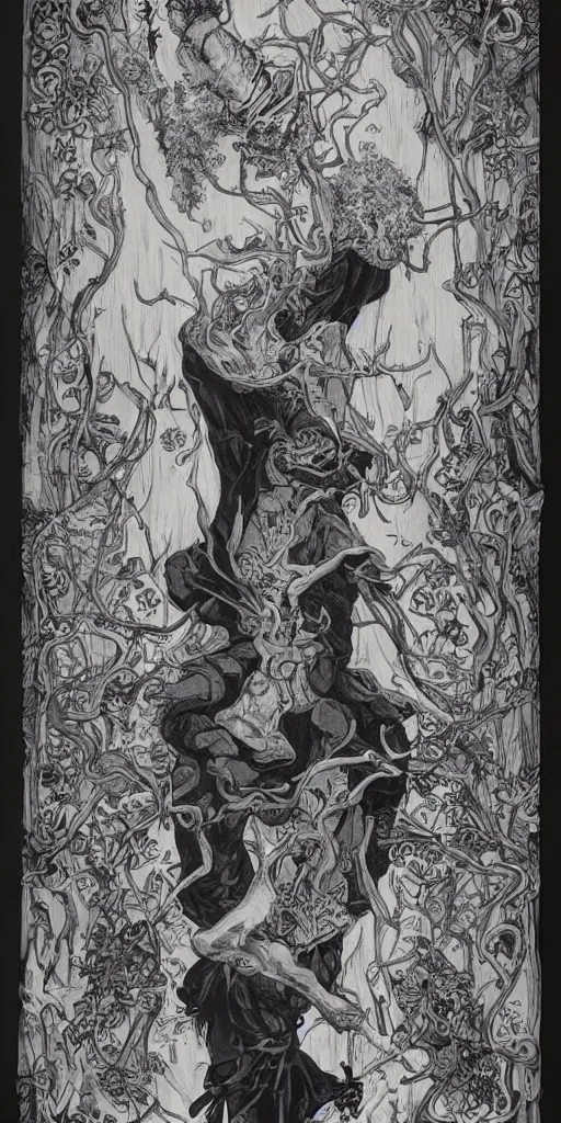 Image similar to the fool tarot, black and white matte painting, James Jean