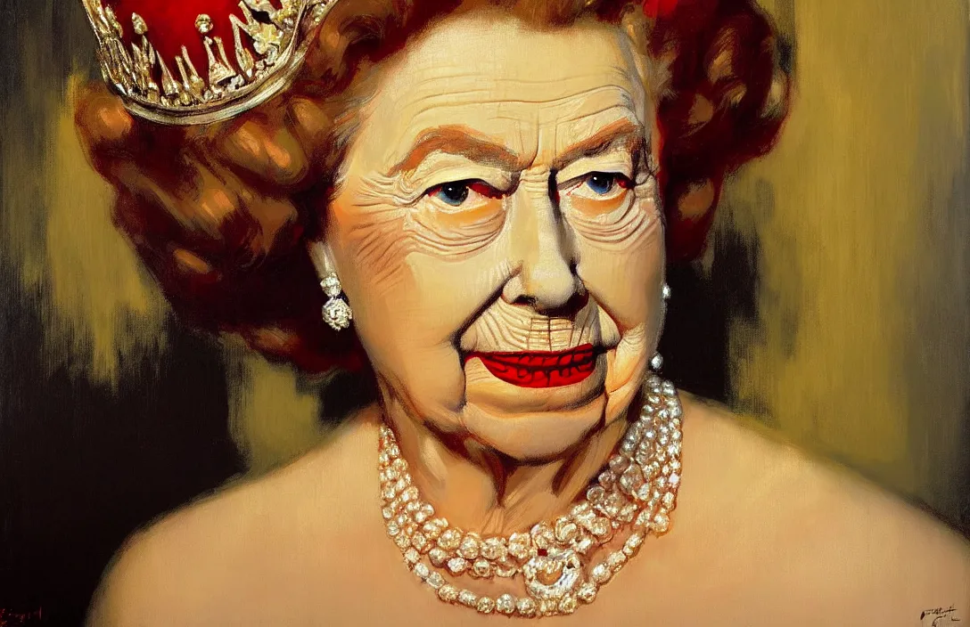 Image similar to portrait of queen elizabeth ii!!!!!!!!!!!!!!!!!!!!!!!!!!!, detailed face, detailed painting, epic lighting, by ilya repin, phil hale and kent williams