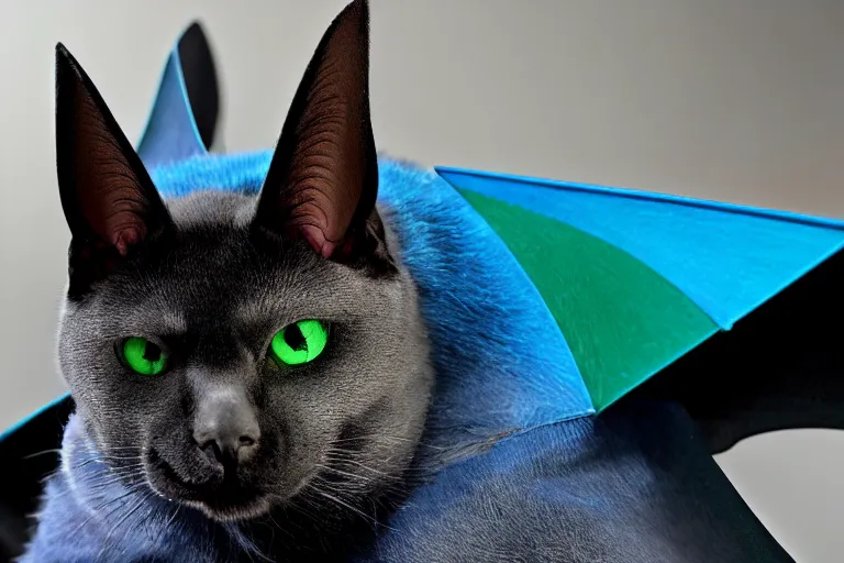 Image similar to a blue - and - black male blue / green heterochromatic catbat fursona with blue / green heterochromatic eyes ( one eye green ) and huge bat ears, photo of the catbat streaming on his computer