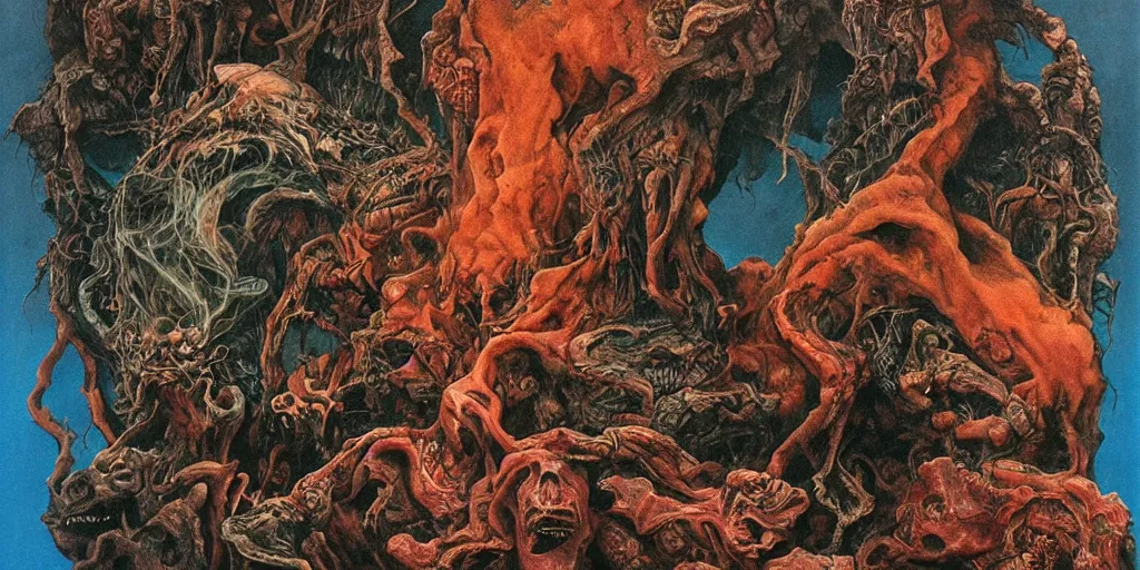 Prompt: visions of hell, fluid, smooth, organic, crazy, bright, colours, tumours, high contrast, sharpness, dramatic, very detailed, intricate, by giger and corben and moebius and beksinski and bosch and bacon