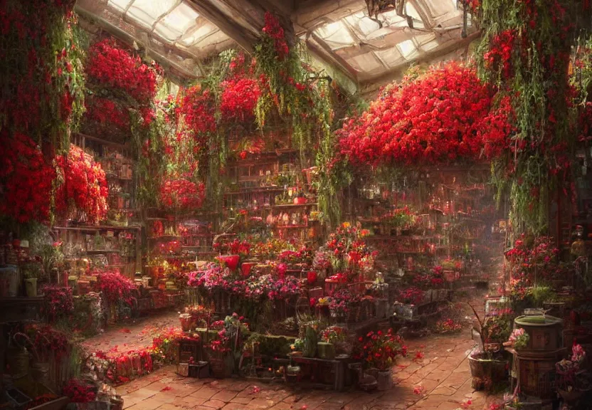 Prompt: A very detailed red flower in a cozy floral shop, a fantasy digital painting by Greg Rutkowski and James Gurney, trending on Artstation, highly detailed