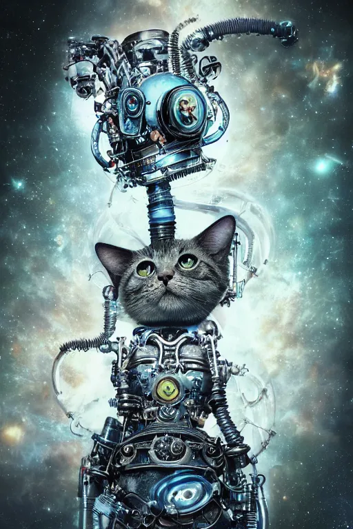 Image similar to a beautiful intricate fine art portrait photo of a a mechanical industrial steampunk cybernetic cute cat with large eyes against galactic space, soft backlight, by tom bagshaw and zach sutton, perfection!, milk bath photography, studio lighting, 5 0 mm lens, very detailed, bionic, cybernetic scifi, deep depth of field, artstation, 8 k, highly coherent