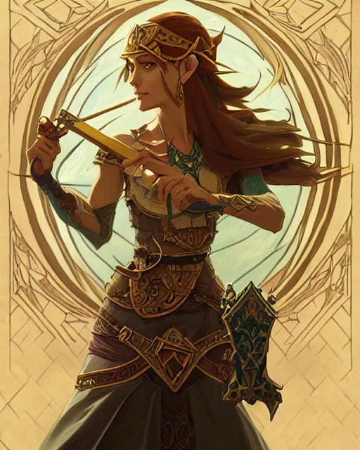 Image similar to legend of Zelda art nouveau, D&D, fantasy, intricate, elegant, highly detailed, digital painting, artstation, concept art, matte, sharp focus, illustration, hearthstone, art by Artgerm and Greg Rutkowski and Alphonse Mucha