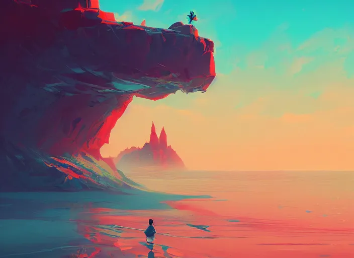 Prompt: a painting of a large rock in the middle of a body of water by anton fadeev and ilya kuvshinov, featured on artstation, fantasy art, artstation hq, artstation hd