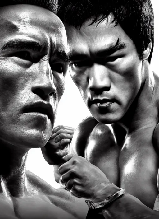 Image similar to Film poster Arnold Schwarzenegger VS Bruce lee , faces look at each other, detailed and realistic, 4k, filmic render