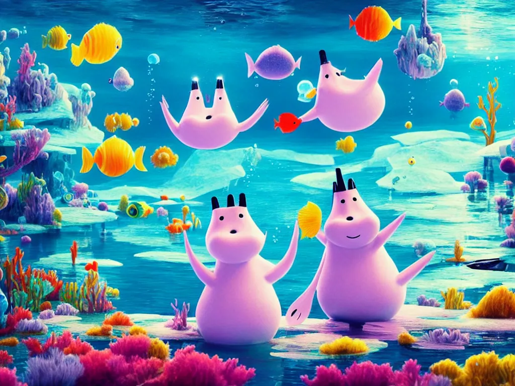 Image similar to underwater moomins discovering the water planet looking at many colorful fishes in the background, photorealistic painting, cgi, low volumetric light, movie still, very cute and cozy and fluffy and sweet