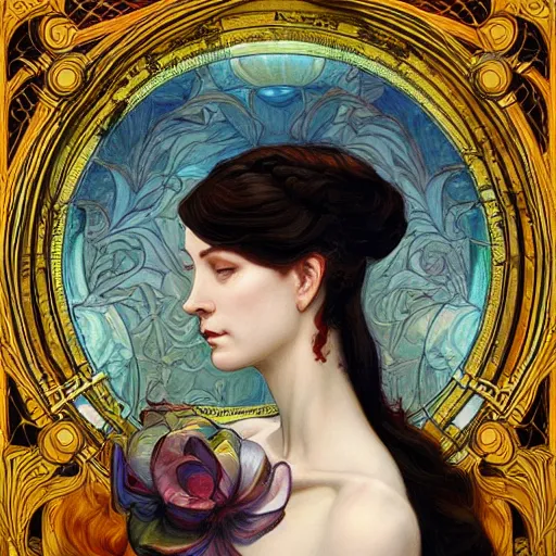 Image similar to an art nouveau painting in the style of donato giancola, and in the style of charlie bowater, and in the style of lulu chen. symmetry, smooth, sharp focus, semi - realism, intricate detail.