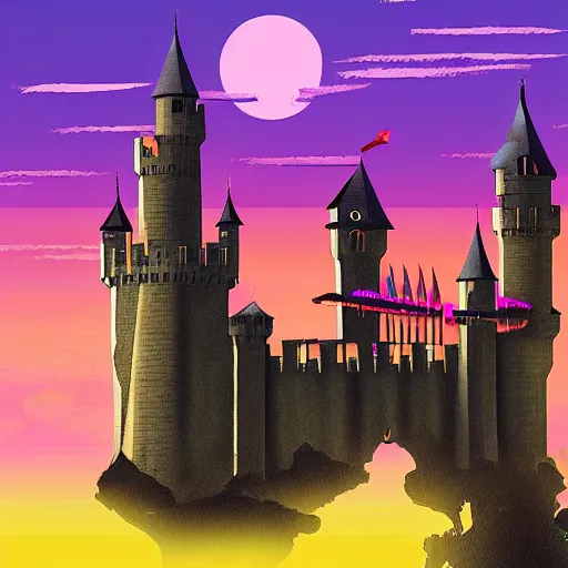 Prompt: ' nails and castles, synthwave, sunset, fuxia, cover art'