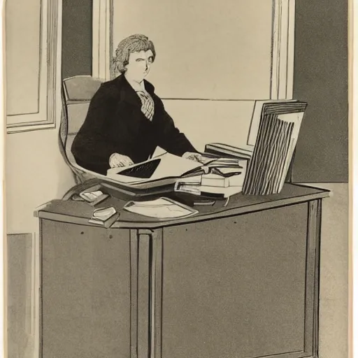 Image similar to a portrait of a secretary sitting behind a desk, 7 0 th burda style,