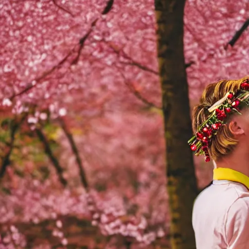 Image similar to kodak portra 4 0 0 photograph of a skinny blonde guy standing in a field of red and yellow cherry blossom trees, flower crown, back view, moody lighting, telephoto, 9 0 s vibe, blurry background, vaporwave colors!, faded!,