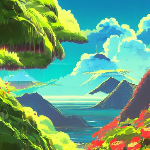 Image similar to landscape of an anime style with tropical flowers and volcanos, waterfalls bright colors, bird eye view, bove rule of thirds golden ratio, fake detail, trending pixiv fanbox, acrylic palette knife, style of makoto shinkai studio ghibli genshin impact james gilleard greg rutkowski chiho aoshima