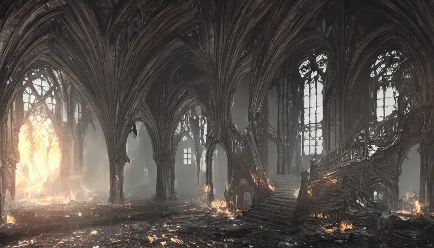 Prompt: Inside of a burning damaged Neo-Gothic castle's entrance hall with big stairs, fire with ashes, hyperdetailed, artstation, cgsociety, 8k