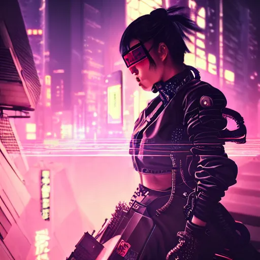 Prompt: candid action photo of a fierce dangerous female cyberpunk hacker samurai in neotokyo at night, futuristic cyberpunk tokyo night, sci - fi and fantasy, intricate and very beautiful, highly detailed, digital painting, artstation, concept art, smooth and sharp focus, illustration, art by tian zi and wlop and alphonse mucha