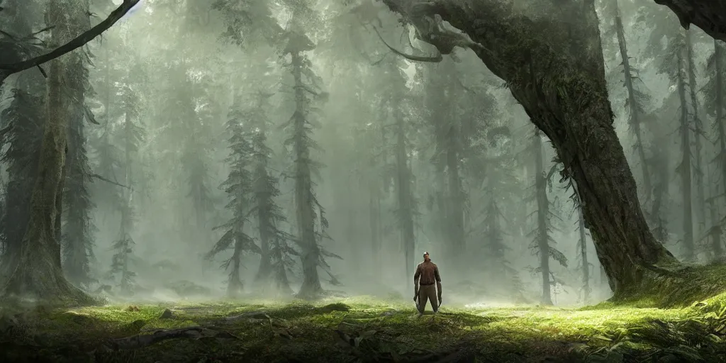 Prompt: a man standing in the middle of a majestic forest, a detailed stunning matte painting, cgsociety, fantasy art, cryengine, matte painting, reimagined by industrial light and magic