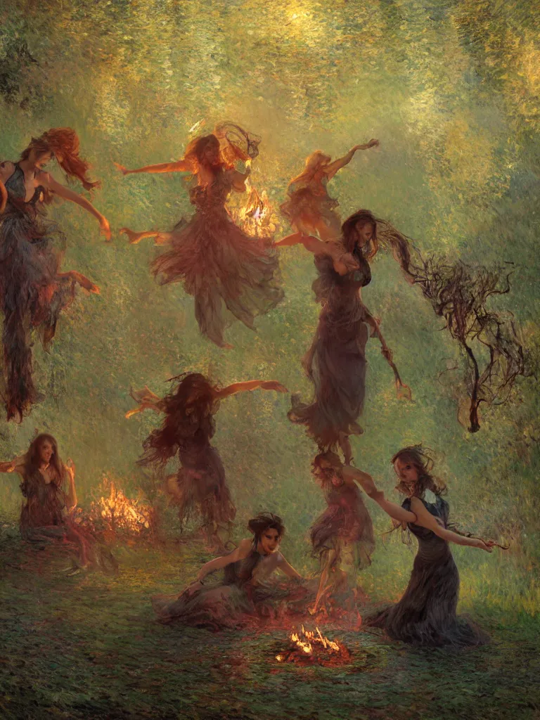 Image similar to illustration studio portrait of witches dancing and floating around a big firepit in artistic poses at the forest in a witch's dark coven, monet painterly motives and textures pattern, hyper detailed, octane render, vivid colors, artstation, by jeremy mann, by alphonse mucha, by monet