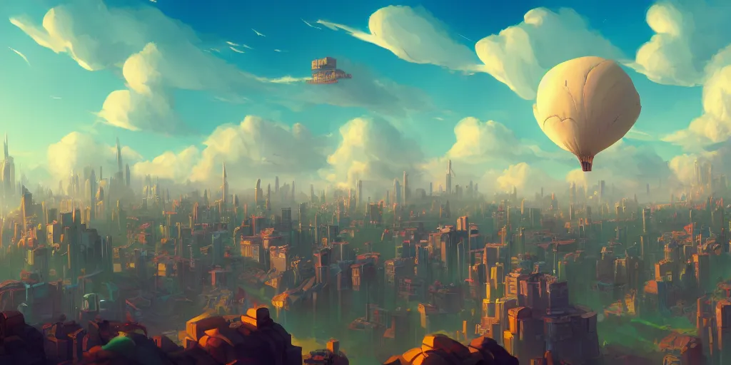 Image similar to the city in the of piltover, in the style from netflix's arcane, blimps in the sky, blue skies, soft clouds, trending on artstation