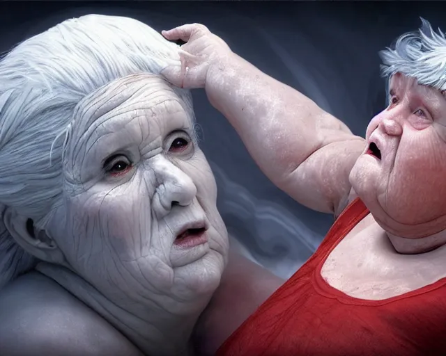 Image similar to of a very beautiful scene. ambient occlusion render. a sweet fat old woman is giving birth to her shadow. hyper realistic. 4 k. wide angle. wild. symmetrical face, red mouth, blue eyes. deep focus, lovely scene. ambient occlusion render. concept art. unreal engine.